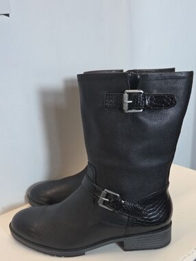 Naturalizer Black Leather Mid-Calf Lace-Up Style Buckle Boots Size 9W